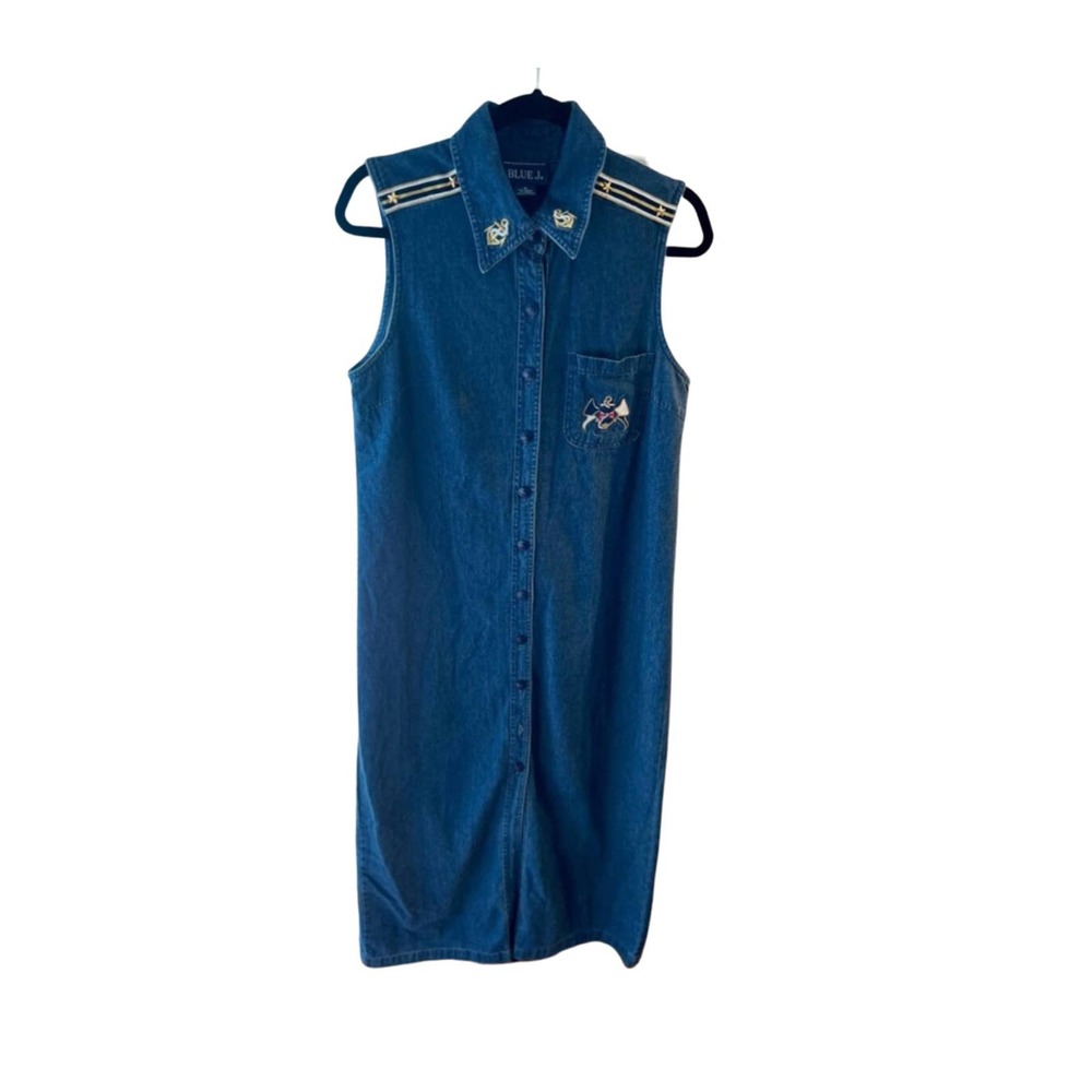 Vintage Blue J. Denim Jean Sleeveless Maxi Dress with Embroidered Anchors